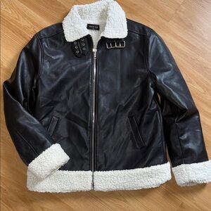 White Fox Black Faux Leather Jacket with White Sherpa Lining Small Medium